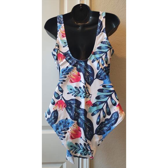 Ladies One Piece Swimsuit Large Blue Pink Floral women’s swimsuit - Picture 5 of 9